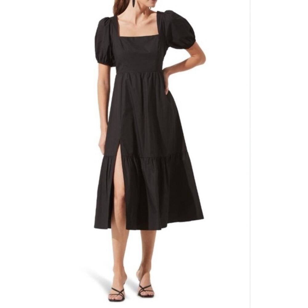 ASTR the Label Poplin Puff Sleeve Tiered Midi Dress Black Staple Minimalist Sz M - Picture 1 of 13